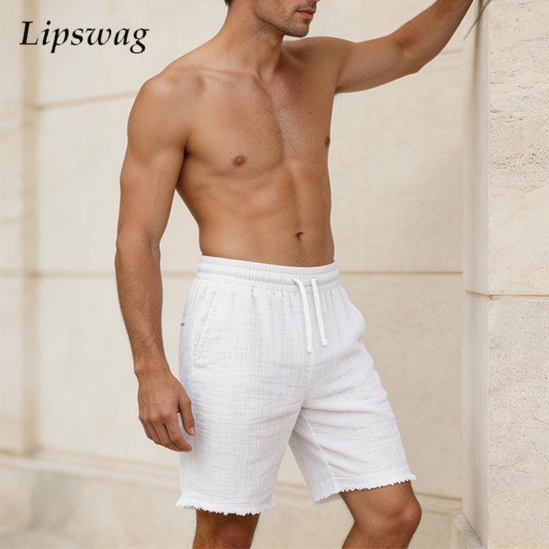Short Linen Drawstring - 세련된 린넨 데미지 반바지 남성 데일리