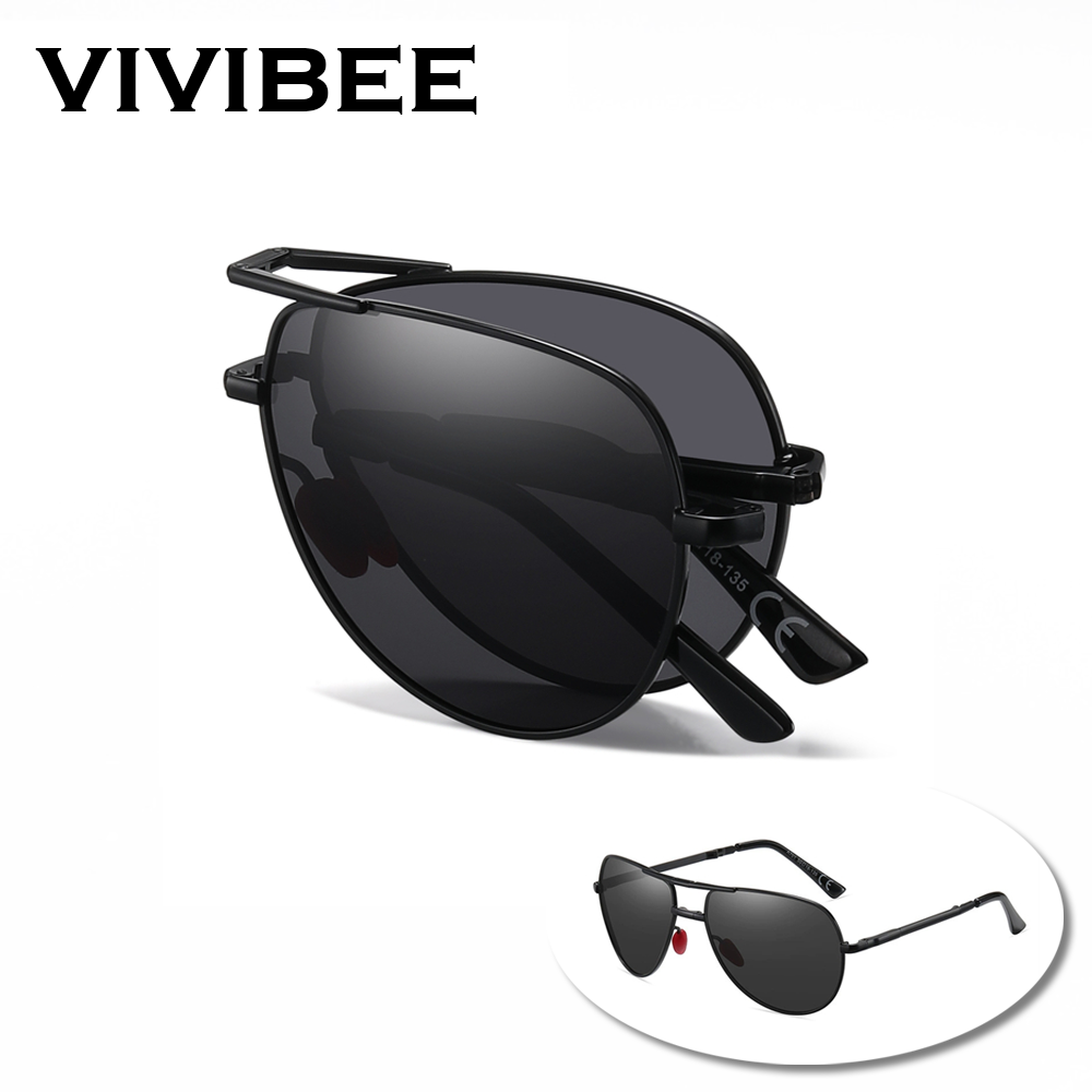 Sunglasses Aviator Polarized - VIVIBEE 메탈 파일럿 블랙 폴딩 선글라스
