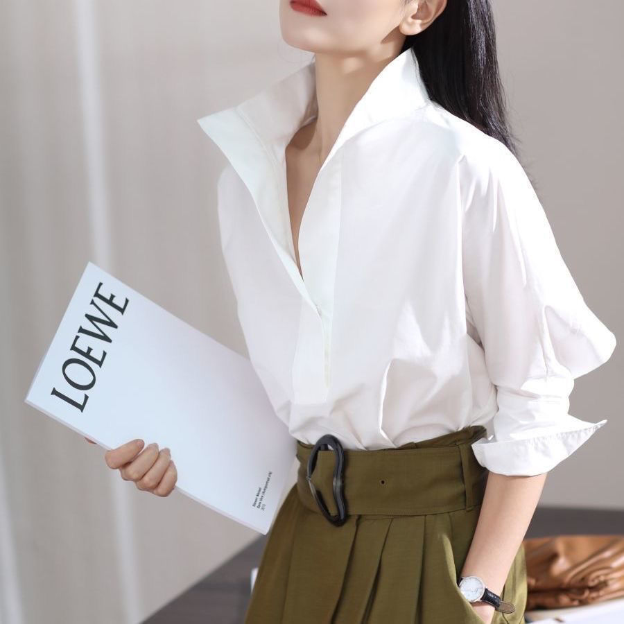 Shirt Camp Collar - 초가을 2023 여성용 루즈핏 스탠드 칼라