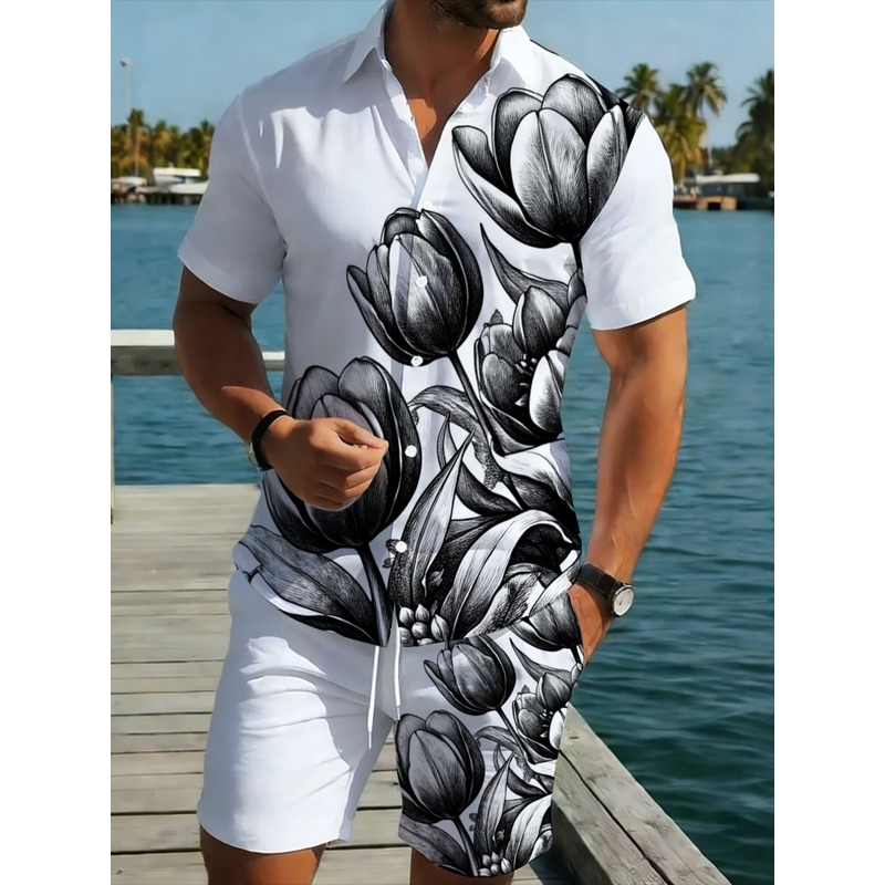 Resort Shirt Floral - 남성용 흰색 꽃무늬 셔츠와 반바지 세트,