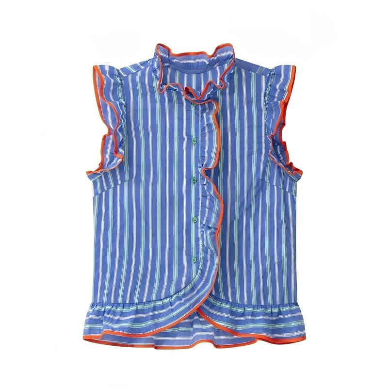 여성용 블루 세로 줄무늬 민소매 셔츠, 러플 디테일,  - Shirt Camp Collar 리뷰 및 가격