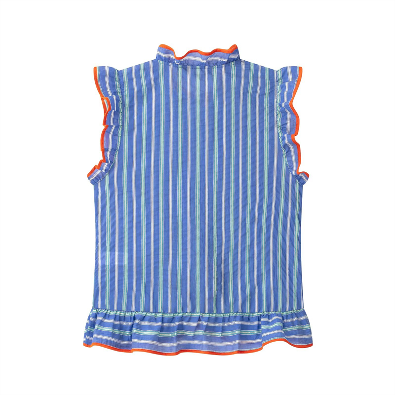 여성용 블루 세로 줄무늬 민소매 셔츠, 러플 디테일,  - Shirt Camp Collar 리뷰 및 가격