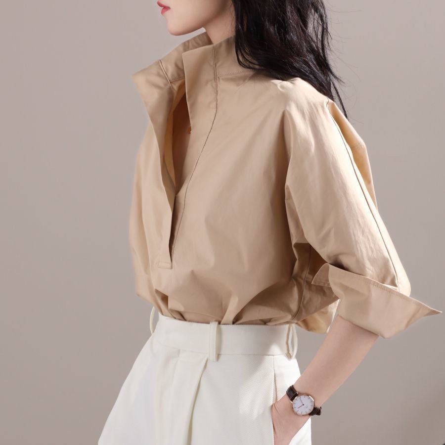 초가을 2023 여성용 루즈핏 스탠드 칼라 배트윙 민소 - Shirt Camp Collar 리뷰 및 가격