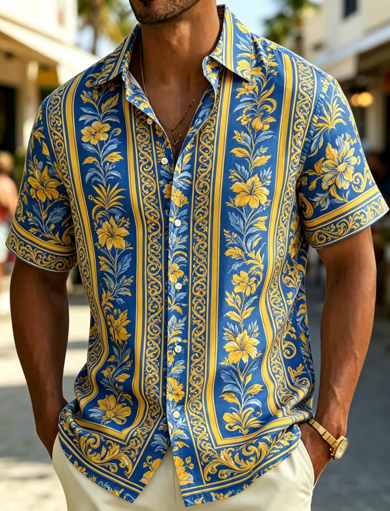 남성용 반팔 셔츠 라펠 빈티지 바로크 플로럴 스트라이프 - Resort Shirt Floral 리뷰 및 가격